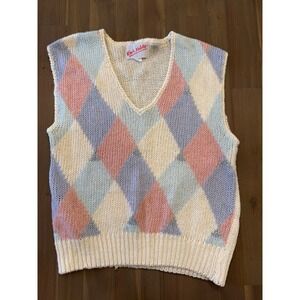 Vintage 1980's Work Habits Argyle Knit Vest Pastel V Neck Sleeveless Sweater Top
